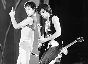 Mick Jagger and Keith Richard of The Rolling Stones performing during the band' Mick Jagger and Keith Richard of The Rolling Stones performing during the band'