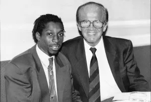 Mickey Duff Boxing manager and Promoter sits with Boxer Pat Barrett at the Stakis Mickey Duff Boxing manager and Promoter sits with Boxer Pat Barrett at the Stakis