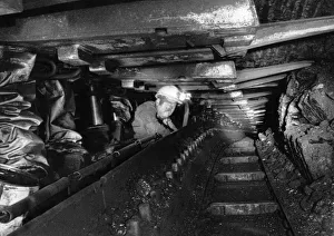 A miner at work underground in a coal mine. August 1984 P017840 A miner at work underground in a coal mine. August 1984 P017840