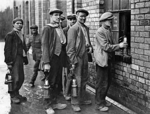 Miners at the Cannock Wood Pit handing in their Davy Lamps Miners at the Cannock Wood Pit handing in their Davy Lamps