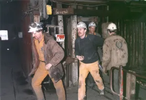 Miners leave the cage for the last time at Murton Colliery, November 1991 Miners leave the cage for the last time at Murton Colliery, November 1991