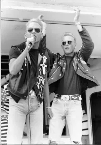 Prints of Bros Pop Group Twins Matt and Luke Goss popped up on Radio Ones Roadshow singing their latest hit Too Much. 16th August 1989 0000to0099 Prints: Print of Bros on Radio One's Roadshow, 16th August 1989