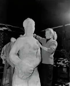 Prints of Rita Ling Sculptress Carves snowman 31/3/1952 C1621/1 Muridae Prints: Rita Ling Snowman Print, 1952