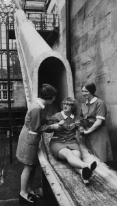 00009 Prints: Print of Matfen Hall escape chute demonstration
