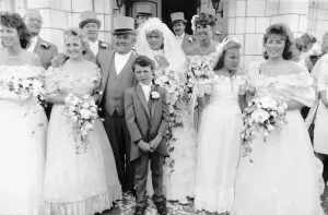 00020 Prints: Les Dawson and wife Tracey wedding group 1989 Print