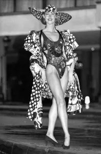 Beachwear Model Prints: Clothing Beach: Model Juliet Seatree wears exotic dress and swimwear. April 1992 P017968