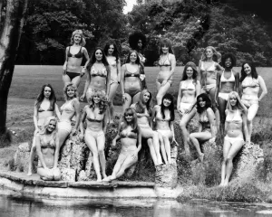 Vintage Bikini Styles Prints: Fashion 1970s. 25th anniversary of the bikini. Group of models show off