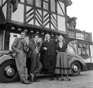 00026 Prints: Print of Richard and Pat Larter with friends outside a pub, 1953