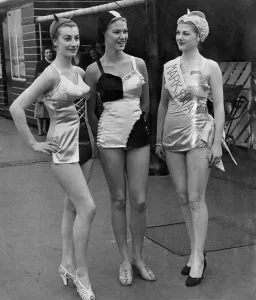Vintage Beachwear Prints: Unsinkable swimsuits worn by Jean Marsh and Lillemor Knudson. September 1952 P017653