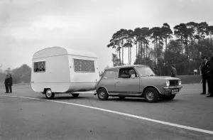 00032 Prints: Mini Clubman Car Towing a Caravan Print
