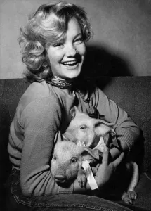 00034 Prints: Print of a 17-year-old girl cuddling two piglets