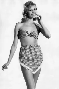 Vintage Beachwear Prints: Woman wearing a check patterned bikini with unusual pants June 1962 P011070