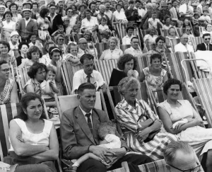 00036 Prints: 1959 Print of Holidaymakers Sunbathing at a Beach Fashion Show