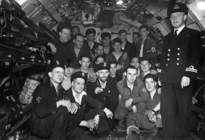 Print of HMS Trident crew posing before patrol, October 1944