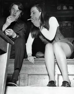 Black and white print of Bernadette Devlin at Manchester University