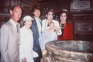 00046 Prints: Mick Jagger with Family at Elizabeth Scarlett's Christening Print 24th June 1984
