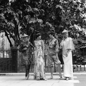 60s Fashion Trends Prints: Fashion - June 1965 Virginia Wannacott wearing 3 piece trouser suit in