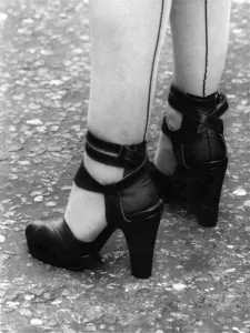00051 Prints: Black-seamed stockings with strappy shoes Print, April 1968