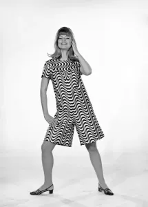 60s Fashion Trends Prints: Uschie Bernell modelling beach dress / trouser in Reveille Studios 1965