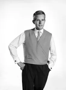Men's Fashion 1960s Prints: Model Robert Chettle wearing reversable waistcoat. 1960