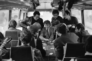 Entertainment In The 1960s Prints: Pop group The Fourmost on tour A game of cards for members of the band