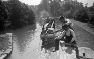 00087 Prints: Brothers Fishing on the Grand Union Canal Print Circa 1946