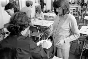 00091 Prints: School Dinners Print, 1960s Scene of Ladies Serving Pupils