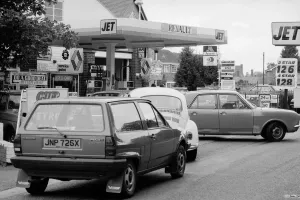 00095 Prints: Print of Petrol Wars: Cars Queue at Jet Station
