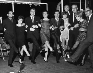 Entertainment In The 1960s Prints: L to R Lional Bart Mrs Hinds Eamonn Andrews Duchess of Bedford Lionel Blair Cilla