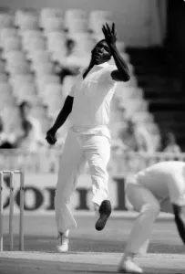 Prints of England v West Indies at Edgbaston, Birmingham, Jun 14-18, 1984 Joel Garner in action. The Wisden Trophy, 1st Test 1984 Birmingham Prints: England v West Indies at Edgbaston, Birmingham Print 1984