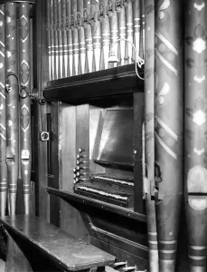 Prints of The keyboard and pipes of the organ in the Banqueting Hall, Jesmond Dene in October 1962 Music Prints: Jesmond Dene Organ Print, October 1962