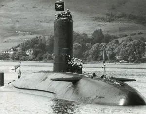 Prints of HMS Conqueror submarine returns to Faslane Holy Loch after sinking Argentine battleship General Belgrano South Atlantic Falklands War, July 1982 0100to0199 Prints: HMS Conqueror Returns to Faslane Holy Loch Print