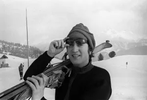 Prints of John Lennon in St Moritz on a Skiing Holiday, January 1965 Switzerland Prints: John Lennon Skiing Holiday Print, January 1965