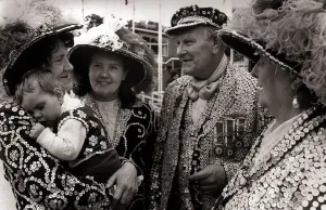 Vintage Fancy Dress Costumes Prints: Pearly Kings and Queens - July 1970 Four generations of Pearly Kings