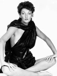 Sarah Douglas in Falcon Crest Leather Cape Print 1983