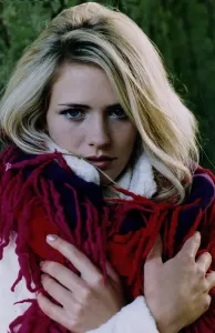 90s Fashion Model Prints: Haute Scot Fashion Blonde model hugging herself wearing red pink