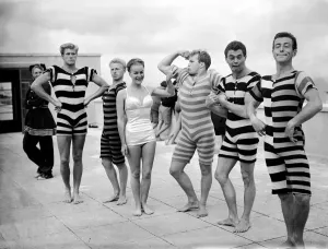 Retro Swimwear Designs Prints: Member of the cast of the Leon Marco water show. Wearing period swimming costume
