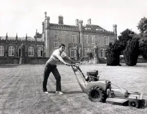 Ayrton Senna Print: Mowing the Grass at Lotus HQ