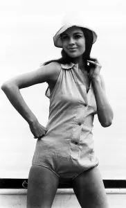 Vintage Beach Style Prints: Virginia North modelling beach fashion - a one piece outfit with button detail