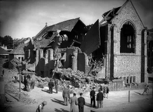 Prints of Bomb damaged Plymouth during WW2, People survey the damage left after an air raid, June 1943 Plymouth Prints: Bomb Damaged Plymouth WW2 Print, June 1943
