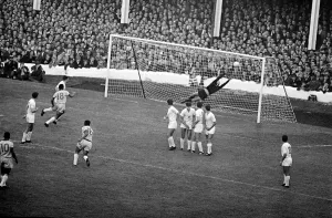 Prints of Brazil v Bulgaria World Cup Group 3 match held at Goodison Park on the 12th July 1966. Garrincha scores Brazils second goal from a free kick Final score: Brazil 2 v Bulgaria 0 Bulgaria Prints: Brazil v Bulgaria 1966 World Cup Print