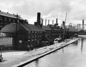 Prints of The original Wedgwood Pottery, with canal link-up, at Etruria, a suburb of Stoke on trent in North Staffordshire. In the background is the Shelton Steelworks. 28th July 1953 Staffordshire Prints: Wedgwood Pottery Print, Etruria 1953