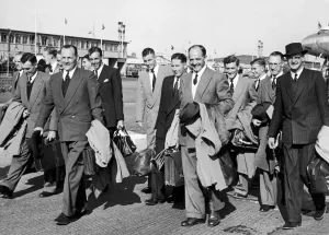 London Airport Arrivals Prints: The South African cricket team arrive at London airport. 24th April 1955