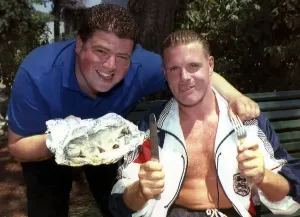 Paul Gascoigne Prints: Paul Gascoigne with Jimmy Five Bellies Gardner, 27th July 1990 Print