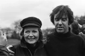 Prints of Rita Hayworth and Russell Harty playing golf at Arkley Golf Course, Hertfordshire. 21st January 1976 Rita Prints: Rita Hayworth & Russell Harty Golf Print, Arkley 1976