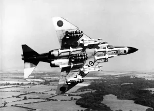 Prints of A RAF McDonnell Douglas F-4 Phantom II carrying seven BL755 cluster bombs and four Sparrow and four Sidewinder air-to-air missiles.. 1st August 1977 0300to0399 Prints: RAF F-4 Phantom II Print, 1st August 1977