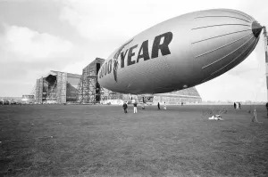Prints of The Goodyear airship Europa seen here moored outside the giant R101 sheds at Cardington, Bedfordshire. 8th March 1972 Bedfordshire Prints: The Goodyear Airship Europa Print, Cardington 1972