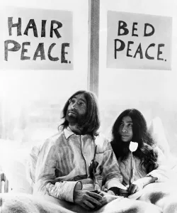 Prints of John Lennon in bed with Yoko Ono at the Hilton Hotel Amsterdam during their week long Bed In peace protest, March 1969 0400to0499 Prints: John Lennon in Bed with Yoko Ono Print, Amsterdam Hilton 1969