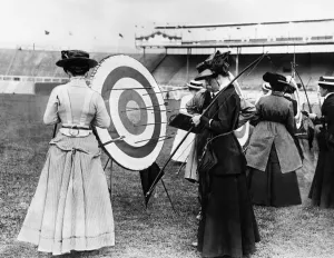 Prints of Ladies competing in an archery contest at the Olympic stadium in London 1908 Sport Prints: Ladies Archery Contest Print, London 1908 Olympic Stadium