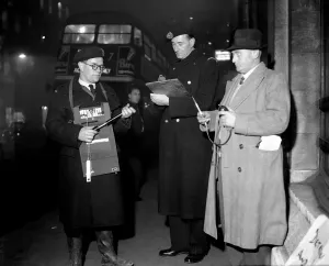 Prints of Smog Wardens in action on the streets of London, 5th January 1956 Weather Prints: Smog Wardens in Action - London Print, 5th January 1956